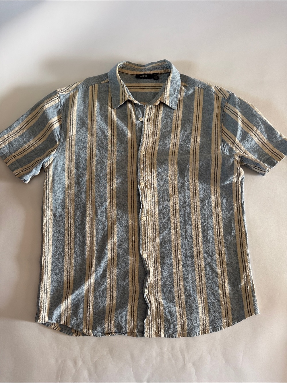 Hedge Blue and Cream Vertical Stripe Short-Sleeve Button-Down Shirt